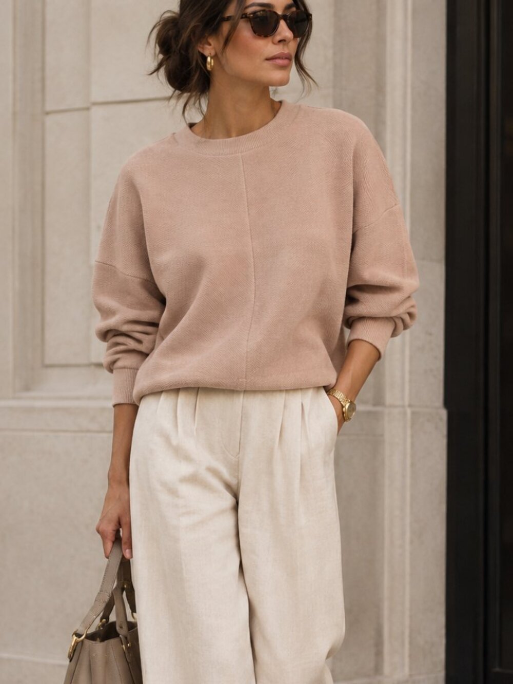 🩰 VARLEY Vanetta Ribbed Classic Timeless Blush Beige Crewneck Sweatshirt
